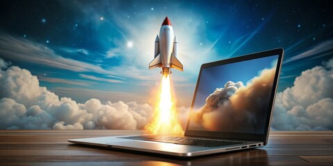 Laptop with Rocket Launching through Screen, Starry Sky, Clouds, Business Growth, Startup, Success, Technology