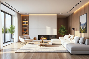 photo of a modern living room with designer interior and furniture, luxury interior architecture design idea