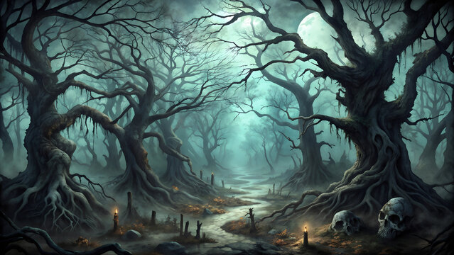 Haunting misty forest with gnarled trees and ethereal glowing path