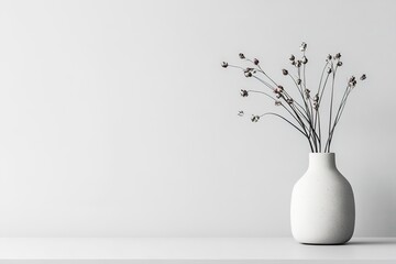 Minimalist white vase with dried flowers on table.