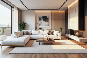 photo of a modern living room with designer interior and furniture, luxury interior architecture design idea