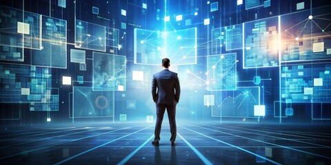 Man in Suit Contemplates a Wall of Digital Data, Data Visualization, Data Analysis, Cybersecurity