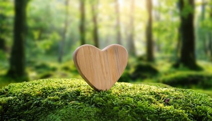 Wooden Heart Closeup on Moss in Forest Cemetery Natural Burial Grave Memorial Background, Funeral Theme in Woodland Setting, Eco-friendly Tree Burial Concept during Daytime