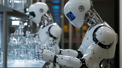 Fototapeta premium A futuristic robot working in a laboratory environment, assembling glass bottles with precision and efficiency.
