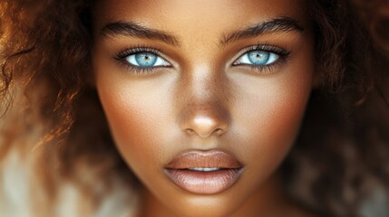 Fototapeta premium Close-up of a woman with a graceful expression and glowing skin, emphasizing her symmetrical features and serene beauty in a high-definition shot.