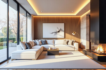 photo of a modern living room with designer interior and furniture, luxury interior architecture design idea
