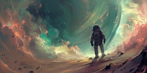 astronaut standing on outer space planet with big moon view,univers background