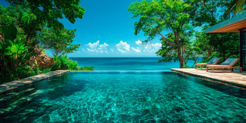 Obraz premium Luxurious villa with an infinity pool overlooking the sea, framed by palm trees and classical architecture, perfect for high-end travel and real estate.