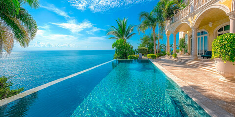Fototapeta premium Luxurious villa with an infinity pool overlooking the sea, framed by palm trees and classical architecture, perfect for high-end travel and real estate.