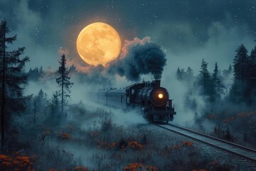 atmospheric nighttime railway scene vintage steam locomotive barreling through misty landscape silhouetted against enormous harvest moon starry sky above