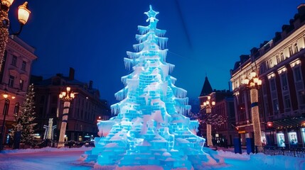 Glowing icy blue Christmas tree on the city square. Christmas and New Year celebration concept.