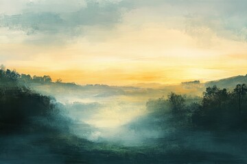 Abstract Landscape Painting with Golden Sky and Misty Valley