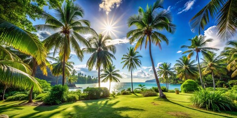Obraz premium Palm Trees Paradise A Lush Tropical Landscape with Sun-Kissed Skies, Palm Tree, Tropical Island, Tropical Landscape