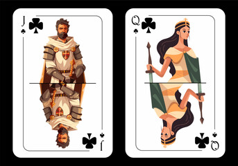 Queen of Clubs and Jack of Clubs, original playing card design on black background. Original design of playing cards. Vector illustration