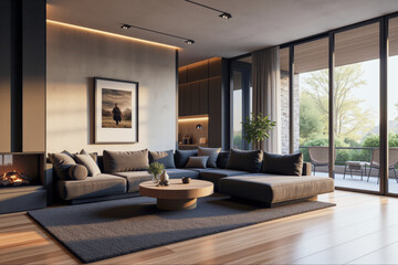 photo of a modern living room with designer interior and furniture, luxury interior architecture design idea