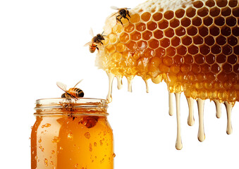 Honeycomb with bees and honey in a jar transparent background.