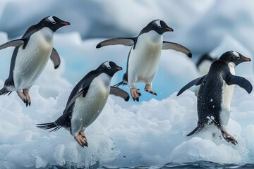 Obraz premium Adelie penguins jumping off an ice floe in the far North Pole, captured in high-definition photography.