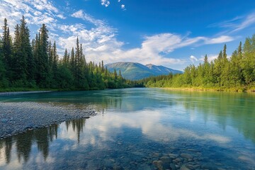 Fototapeta premium A serene river flows through a lush green landscape under a clear blue sky, reflecting the surrounding beauty in its calm waters.