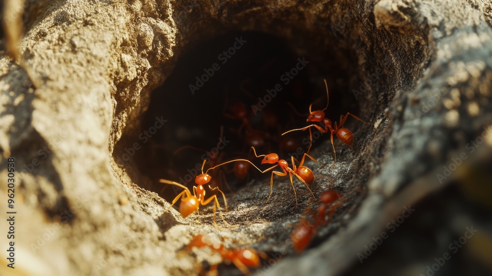 Poster Close-up of an ant nest with several ants emerging, focusing on the entrance and the busy activity of the ants as they move in and out.