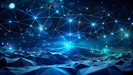 Abstract wave shape on a low-polygonal triangular background for design on the topic of big data, metaverse, network security, and data transfer on dark blue abstract modern cyberspace background