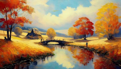 Autumn landscape picture, beautiful and moody paint, countryside oil paint style illustration.