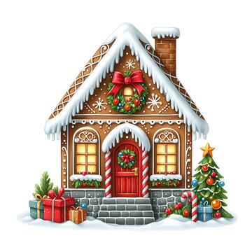 Gingerbread house decorated with wreath, snow, and Christmas tree with gifts on a white background. Christmas holiday watercolor cut out design concept.