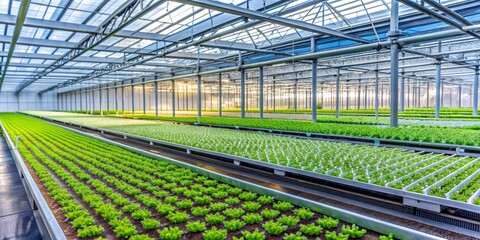 Obraz premium Rows of Green Lettuce Growing Under a Glass Greenhouse Roof, Greenhouse, Horticulture, Farming