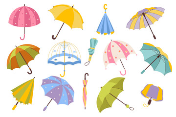 Open, closed and folded multicolored umbrellas set. Rainy seasonal parasols. Protecting accessories of different design, type. Autumn, spring season. Hand drawn vector illustration in flat style. © Yuliia Sydorova