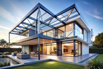 Obraz premium A futuristic modern house with geometric shapes, steel beams, and glass elements, with a white background, first-person view
