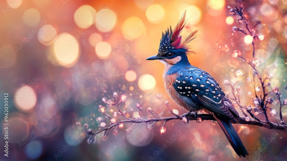 Poster Close-up of an elegant bird with striking feathers, perched on a branch, with a dazzling background of abstract lights creating a vibrant and artistic effect.