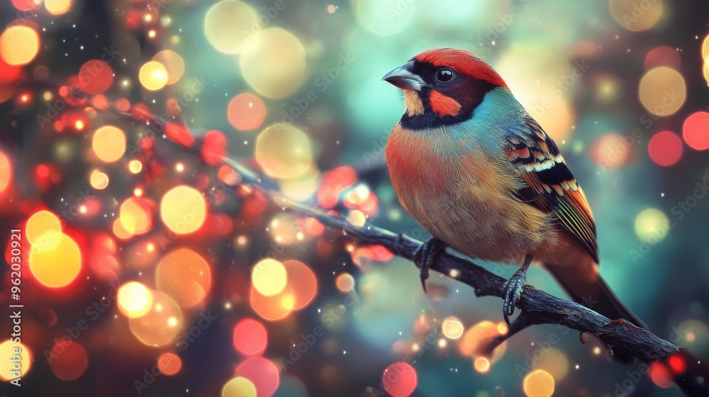Poster Close-up of an elegant bird with striking feathers, perched on a branch, with a dazzling background of abstract lights creating a vibrant and artistic effect.