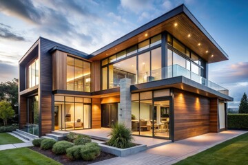 Sleek modern house with a combination of wood, steel, and glass materials, large windows, and an open-plan design, on a white backdrop, from a first-person angle.