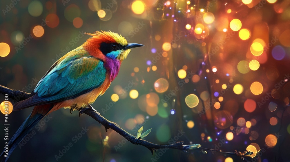 Poster Close-up of an elegant bird with striking feathers, perched on a branch, with a dazzling background of abstract lights creating a vibrant and artistic effect.
