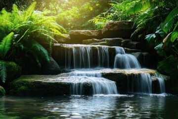 Naklejka premium A serene waterfall cascades over rocks surrounded by lush greenery, creating a tranquil natural oasis perfect for relaxation.