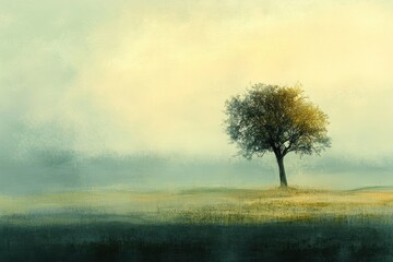 Obraz premium A Solitary Tree in a Misty Field