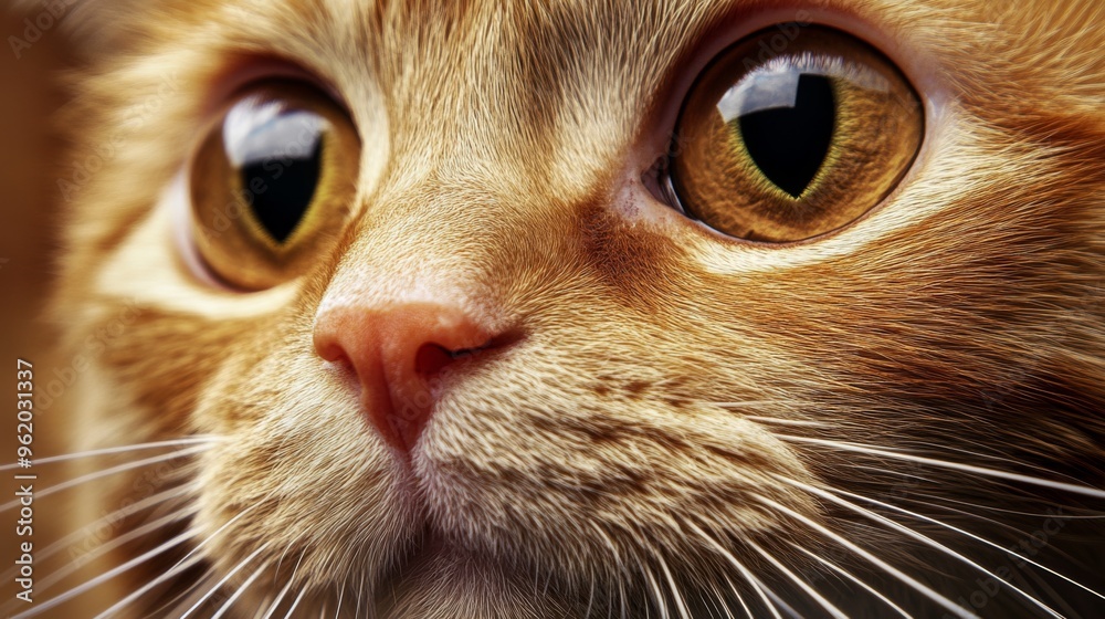 Poster close-up of an orange cat's face with a curious expression, whiskers twitching, and wide eyes focuse