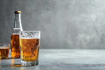 Beer glass and bottle on gray backdrop, copy space
