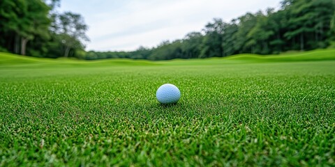 A close-up view of a golf ball resting on lush green grass, perfect for sports and outdoor themes.
