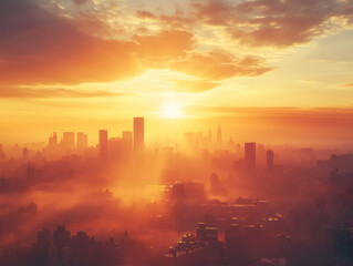 Cityscape Sunrise: A breathtaking aerial view of a city skyline bathed in the golden glow of a sunrise, with wispy clouds and a hazy atmosphere creating a sense of mystery and awe.