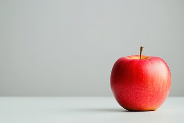 Red apple on white surface with gray backdrop
