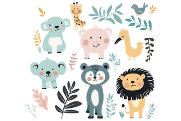 Obraz premium set of cute farm jungle animals illustration baby nature lion chicken bear rabbit comic character