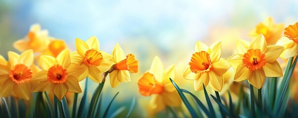 Vibrant daffodils bloom in a sunny field, showcasing their bright yellow petals against a soft, blurred background.