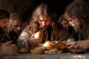 Obraz premium Biblical depiction: The Last Supper with Jesus Christ, illustrating a significant religious moment with imagery representing a key event in Christian faith.