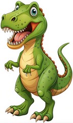 Fototapeta premium Smiling Green Dinosaur Cartoon, Digital Illustration, Green and Yellow Color Scheme, Dinosaur, Cartoon, Illustration