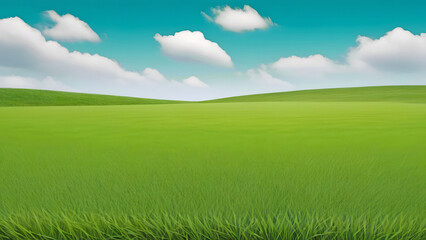 Obraz premium The foreground is a green grass field contrasting with a clear sky in the background.