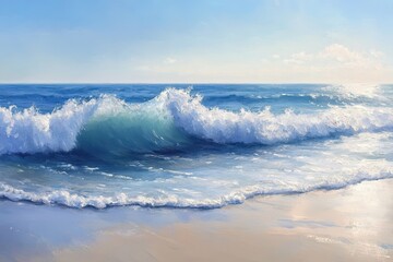 Obraz premium Breaking Wave on a Sunny Beach with Clear Skies