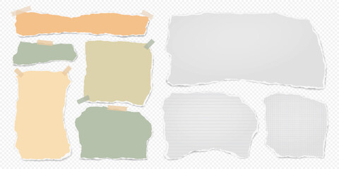 Set of torn white, brown note paper pieces, strips are on white squared background for text, notes or ad.