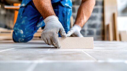 A worker lays a tile on the floor, showcasing craftsmanship and attention to detail in a modern construction environment.