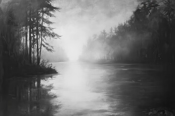 Fototapeta premium Black and White Painting of a Foggy Lake and Forest