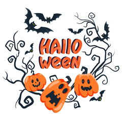 Halloween concept illustration. Halloween design element frame template with bats, scary branches, evil pumpkins, bright design for greeting cards, party, sale, special offer. Vector illustration